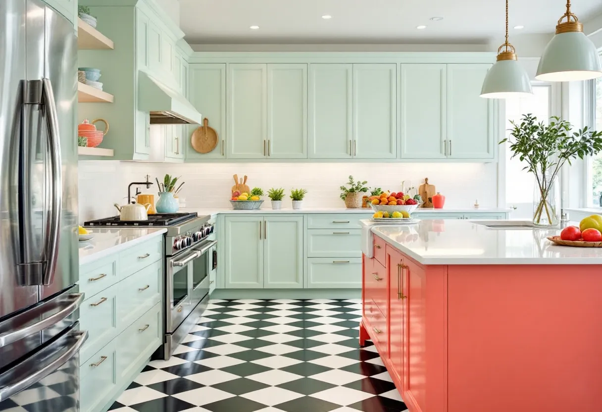 This preppy kitchen exudes a vibrant and cheerful ambiance, with a delightful combination of pastel colors and classic design elements. The cabinetry is painted in a soft mint green, which pairs beautifully with the sleek stainless steel appliances and the polished chrome hardware. The upper cabinets are adorned with simple yet elegant molding, giving them a timeless look. Open shelving adds a modern touch, displaying colorful dishware that complements the pastel theme. A subtle white tiled backsplash provides a clean and seamless backdrop, enhancing the kitchen's airy atmosphere.
The centerpiece of this kitchen is the eye-catching coral island, which introduces a lively contrast to the mint cabinets. Its white marble countertop adds a touch of elegance, while the brass pendant lights hanging above contribute a warm, inviting glow. The black-and-white checkered floor brings a retro flair, perfectly balancing the contemporary and vintage styles. Potted plants and fresh fruits are strategically placed around, adding splashes of natural color and life, reinforcing the kitchen's fresh and inviting feel.