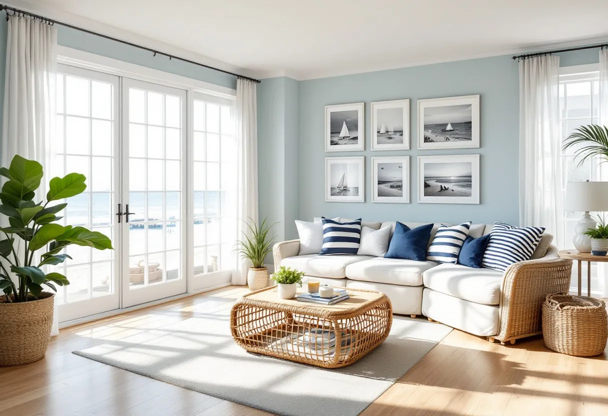 This preppy living room exudes a coastal charm, characterized by its light and airy ambiance. The walls are painted in a soft blue, reminiscent of a clear sky, which beautifully complements the large windows that allow natural light to flood the space. The room is anchored by a plush, white sectional sofa adorned with an array of striped and solid navy blue throw pillows, adding a nautical touch.
The decor is thoughtfully curated with a series of black-and-white photographs depicting sailboats, reinforcing the coastal theme. A woven rattan coffee table sits at the center, topped with minimalistic decor, including a couple of books and small plants. The greenery, including a potted plant on the side and another by the doors, brings a touch of nature indoors. The overall aesthetic is clean and sophisticated, with subtle textures enhancing its preppy style.