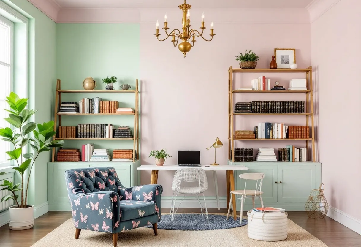 This preppy office exudes a vibrant and inviting atmosphere, characterized by a harmonious blend of pastel colors and elegant furnishings. The room features a dual-tone palette with mint green and pale pink walls, creating a fresh and soothing environment. Bookshelves, filled with a mix of classic and contemporary books, add a sense of sophistication and offer ample storage, contributing to the organized aesthetic of the space. The sleek white desk, accompanied by a contemporary wire chair, provides a modern touch that complements the traditional elements in the room. A gold table lamp adds a touch of luxury and functions as an elegant desk accessory.
Natural light floods the room through a large window, accentuating the lively decor and complementing the greenery from the potted plants that bring a natural element to the setting. The armchair, upholstered in a dark fabric adorned with pink butterflies, adds a whimsical charm and serves as a cozy reading nook. A circular rug in neutral tones anchors the seating area, while the addition of a pendant chandelier offers a classic yet chic lighting solution. Overall, this preppy office is a delightful blend of tradition and contemporary flair, designed to inspire creativity and comfort.