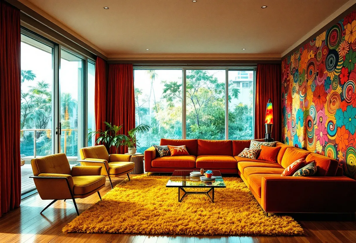 This retro living room exudes vibrant energy and nostalgia, combining bold colors and patterns reminiscent of the 1960s and 1970s. Dominating the space is an orange-toned sectional sofa, adorned with a variety of patterned throw pillows, creating a cozy and inviting seating area. The walls are a standout feature, particularly one covered in a striking, psychedelic floral mural, bursting with vivid hues and intricate designs. This cheerful backdrop is perfectly complemented by a lava lamp, adding both light and a touch of whimsy to the room. The room is further enhanced by the floor-to-ceiling windows, allowing natural light to pour in and create an airy feel that balances the vibrant color scheme.
The living room's furnishings reflect a classic mid-century modern aesthetic, with distinctively shaped armchairs and a minimalist coffee table. The mustard-yellow shag rug adds texture and warmth underfoot, harmonizing with the deep orange and yellow tones of the furniture. Accents, like the potted plant, bring a bit of nature indoors, while the overall design remains eclectic yet harmonious. The space is a perfect blend of comfort and style, effortlessly capturing the essence of a bygone era with its bold use of color, pattern, and iconic retro elements.