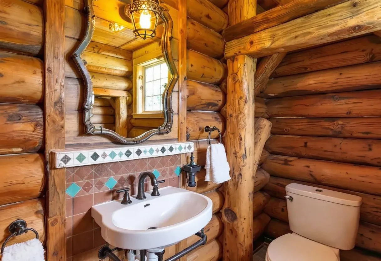 This rustic bathroom exudes a cozy and inviting atmosphere, emphasized by the prominent use of natural wood logs that make up the walls and structural elements. The warm tones of the wood create a serene and natural ambiance, perfectly complemented by the soft, ambient lighting from the charming lantern-style fixture. The unique, irregularly-shaped mirror above the sink adds character and blends harmoniously with the rustic theme, reflecting light to enhance the room's warmth and depth. A small window allows natural light to filter in, further highlighting the rich textures of the wooden surfaces.
The wash area features a classic white porcelain sink with vintage-style faucet fixtures, which enhance the room's rustic charm. Below the mirror, the backsplash showcases a row of decorative tiles with earthy tones interspersed with turquoise accents, adding a splash of color that enlivens the space. The overall design balances functionality with aesthetic appeal, creating a bathroom that feels both timeless and intimately connected to nature.