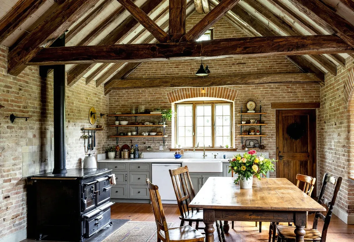 This rustic kitchen exudes warmth and charm, featuring exposed brick walls that set a cozy, earthy tone. The high, vaulted ceiling with exposed wooden beams adds to the rustic ambiance, allowing natural light to filter through slightly, casting soft shadows that accentuate the textures of the brick and wood. The room is anchored by a classic wood-burning stove, bringing a sense of nostalgia and functionality. The presence of open shelves provides ample space for displaying dishware and kitchen essentials, enhancing the lived-in, welcoming feel.
The wooden dining table is adorned with a simple, yet elegant arrangement of fresh flowers, inviting gatherings and shared meals. The chairs around the table are mismatched, adding character and an element of informality to the setting. The overall palette is a blend of warm woods and soft, natural tones, with greenery subtly integrated to bring in a touch of freshness and color. This kitchen space is a perfect blend of rustic elegance and practical living, making it the heart of the home.