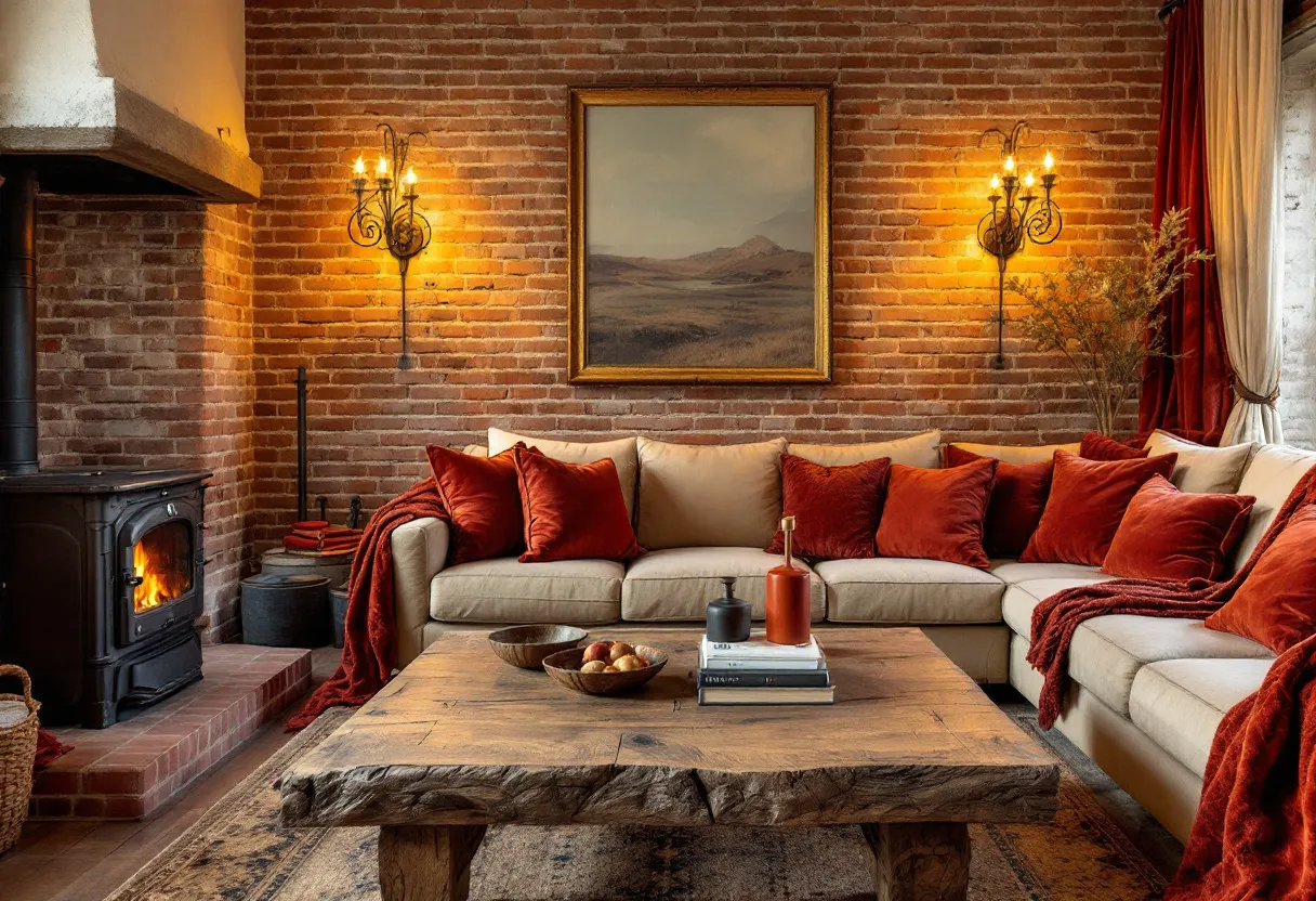 This rustic living room exudes warmth and comfort, highlighted by the prominent use of natural materials and earthy tones. The exposed brick walls create a textured backdrop, offering an inviting, cozy feel. A large, inviting sectional sofa filled with plush cushions in deep red and warm beige hues forms the focal point of the seating area, enhancing the room's inviting atmosphere. Soft, warm lighting emanates from classic wrought iron sconces flanking a landscape painting, adding elegance and vintage charm.
A solid wood coffee table, rugged and durable, sits at the center, beautifully complementing the room's rustic theme. Its surface is adorned with simple decor, including wooden bowls and a few carefully chosen books. A wood-burning stove to one side adds an authentic rustic touch, providing warmth and a comforting glow. The overall ambiance of the living room is one of relaxation and warmth, making it an ideal space for gathering with family and friends.