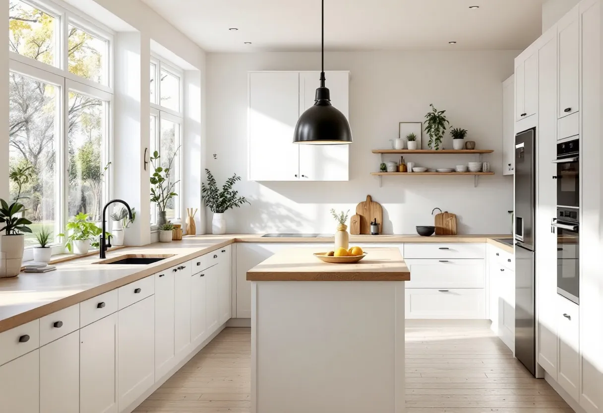 This Scandinavian kitchen exudes a sense of warmth and minimalism, with its reliance on natural light and a palette dominated by whites and light wood tones. The large windows allow abundant sunlight to flood the space, accentuating the crisp white cabinetry and creating a bright, airy atmosphere. The wooden countertops offer a natural contrast and connect the indoors with the outdoor scenery. A collection of potted plants dispersed throughout the kitchen adds a fresh, green accent, enhancing the kitchen’s inviting feel.
The centerpiece of this kitchen is a functional island, crowned by a sleek, black pendant light that provides both practical illumination and a modern aesthetic touch. Open shelving holds a curated selection of dishware and decorative elements, adding personality and practicality. Cleverly integrated appliances maintain the streamlined look essential to Scandinavian design, emphasizing functionality without sacrificing style. Overall, this kitchen embodies the harmonious blend of simplicity and elegance that is characteristic of Scandinavian design principles.