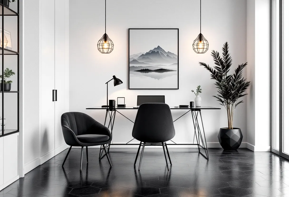 This Scandinavian office embodies a minimalist aesthetic with its clean lines and monochrome color palette. The space is anchored by a sleek black desk featuring modern, geometric legs, which complement the black hexagonal tiles on the floor. Above the desk, a large framed piece of art depicting a serene mountain landscape in grayscale tones adds visual interest and a sense of calm to the room. The use of subdued colors and simple shapes is consistent with the Scandinavian design principle of creating functional, yet aesthetically pleasing spaces.
The office is further enhanced by two pendant lights with exposed bulb designs, contributing to an industrial feel without overwhelming the minimalist theme. A black upholstered chair and a cozy armchair provide seating options, adding texture and comfort. The inclusion of indoor plants, such as a tall, leafy potted plant nearby, introduces a touch of nature, offering a refreshing contrast to the otherwise monochrome palette. This thoughtful arrangement and selection of elements create an environment that is both productive and visually soothing, embodying the essence of Scandinavian style.