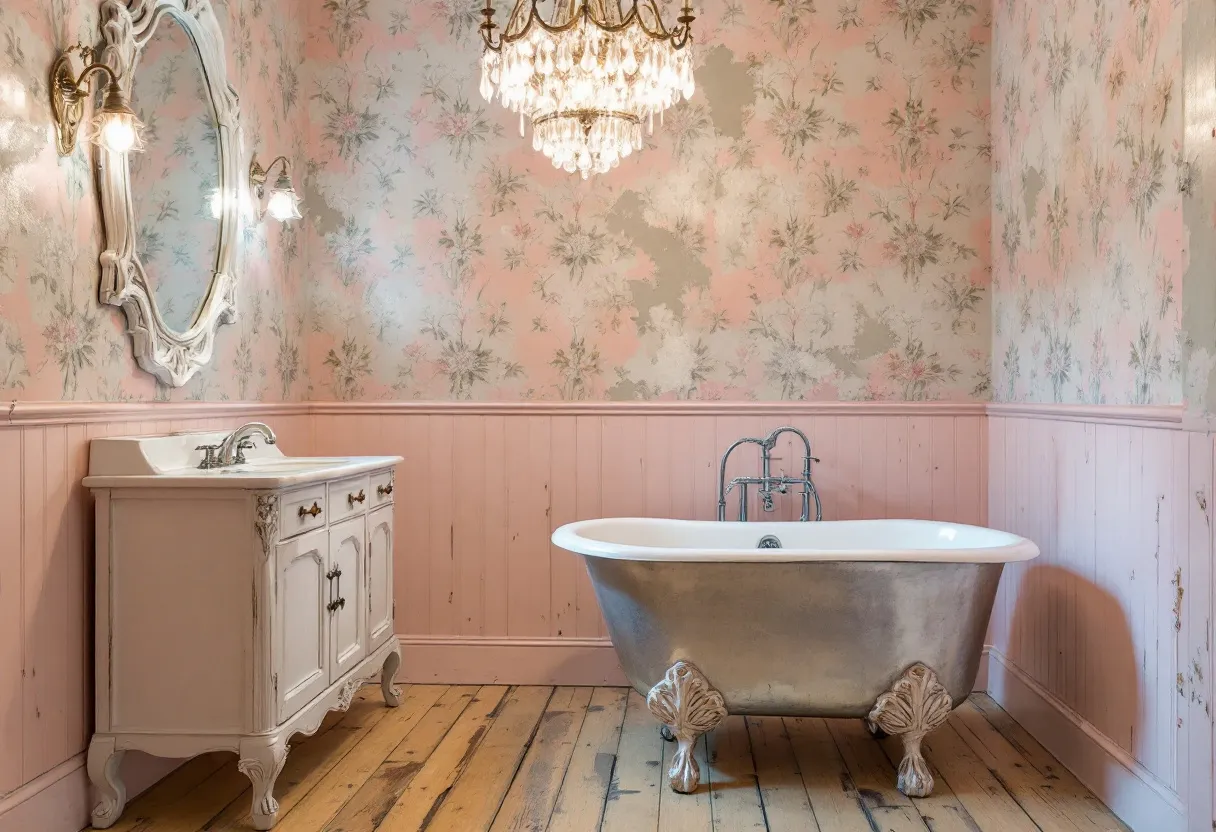 This shabby chic bathroom features a charming blend of vintage and elegant elements. The clawfoot bathtub takes center stage with its metallic exterior and classic design, exuding an antique allure. The wooden floor planks add a rustic touch, complementing the overall aged aesthetic. Floral wallpaper in soft pink and gray tones forms a gentle backdrop that enhances the room's romantic and quaint appeal, tastefully capturing the essence of a bygone era.
A stylish chandelier hangs from the ceiling, providing soft lighting that enhances the room's cozy and inviting atmosphere. The ornate mirror above the vintage-style vanity contributes to the space's refined character. Golden-hued taps and sconces with glass shades add a subtle gleam, balancing the shabby with the chic. This combination of textures and muted colors creates a harmonious blend reminiscent of a cozy cottage retreat.