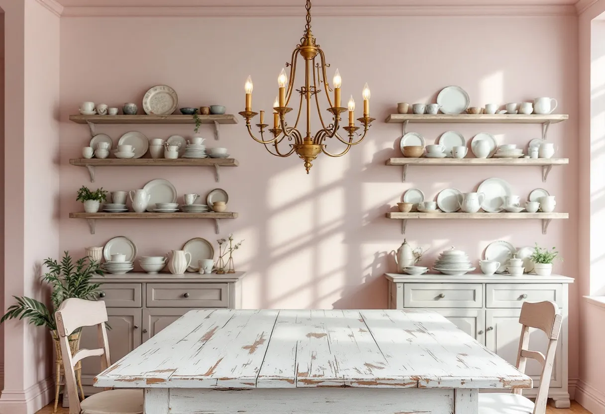 This shabby chic dining room exudes a warm and inviting charm with its delicate blend of rustic and vintage elements. The focal point is a weathered white wooden table that showcases its character through a slightly distressed finish. This table is complemented by light wooden chairs, adding an element of simplicity and comfort. The soft pink walls create a soothing backdrop that enhances the room's cozy atmosphere.
Decorative shelving on both sides of the room is adorned with a collection of white ceramic plates, bowls, and pitchers. These open shelves provide a sense of openness and display an array of elegantly arranged dishware, contributing to the room's quaint aesthetic. Above the table hangs an ornate, vintage-style chandelier with a warm brass finish, casting a gentle glow that enhances the overall warmth and grace of the space. Lush green plants interspersed around the room add a touch of nature and freshness, completing the inviting shabby chic appeal.