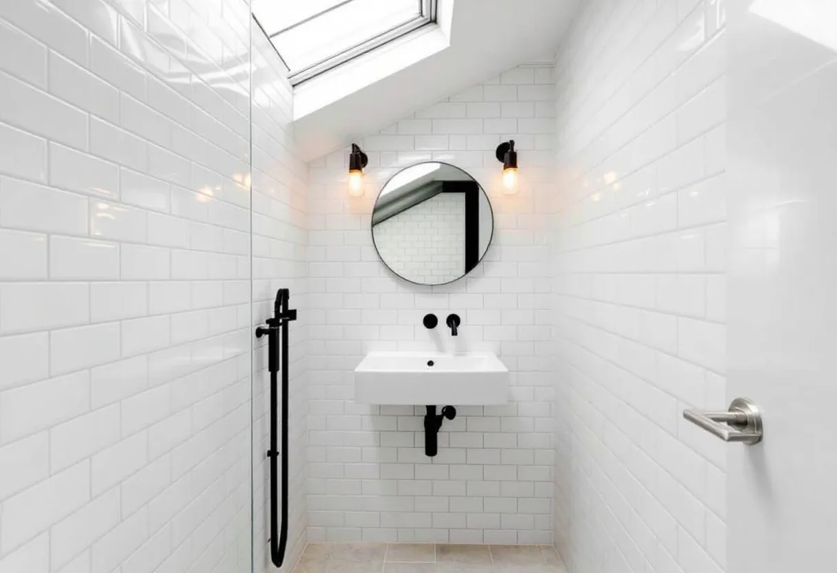 This simple bathroom exudes a minimalist aesthetic, characterized by its clean lines and monochromatic palette. The walls are adorned with white subway tiles, giving the space a bright and fresh atmosphere. A round mirror is mounted above a sleek, rectangular white basin, creating a pleasing symmetry that enhances the modern design. The fixtures, including a black faucet and towel holder, add a bold contrast to the predominantly white decor, contributing an element of visual interest.
The presence of a skylight above the sink area floods the bathroom with natural light, emphasizing its airy feel and expanding the sense of space. On either side of the mirror, wall-mounted light fixtures with exposed bulbs provide additional illumination, creating a warm ambiance that complements the natural lighting. The flooring consists of pale tiles, which harmonize seamlessly with the wall colors, fostering a cohesive and spacious look. Overall, this bathroom is an example of efficient design, where functionality meets understated elegance.