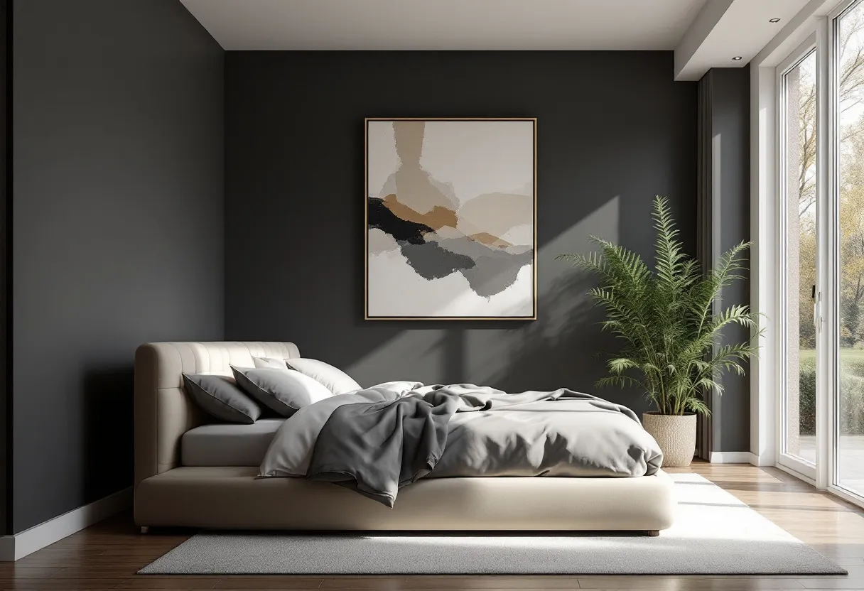 This simple bedroom showcases a minimalist and modern design, characterized by a tranquil and cozy atmosphere. The room features a low, upholstered bed with a neutral color palette, incorporating soft shades of beige and gray. The bedding, consisting of neatly arranged pillows and a casually draped duvet, complements the serene ambiance. The walls are painted in a dark tone, providing a sophisticated backdrop for the large abstract artwork that hangs above the bed, adding a touch of artistic flair to the space.
Natural light floods the room through a set of large windows, which offer a view of the greenery outside, enhancing the connection with nature. A potted plant is strategically placed near the window, bringing additional greenery inside and contributing to the room's fresh and airy feel. The wooden flooring and simple area rug further emphasize the room's clean lines and uncluttered aesthetic, creating an inviting and peaceful retreat.
