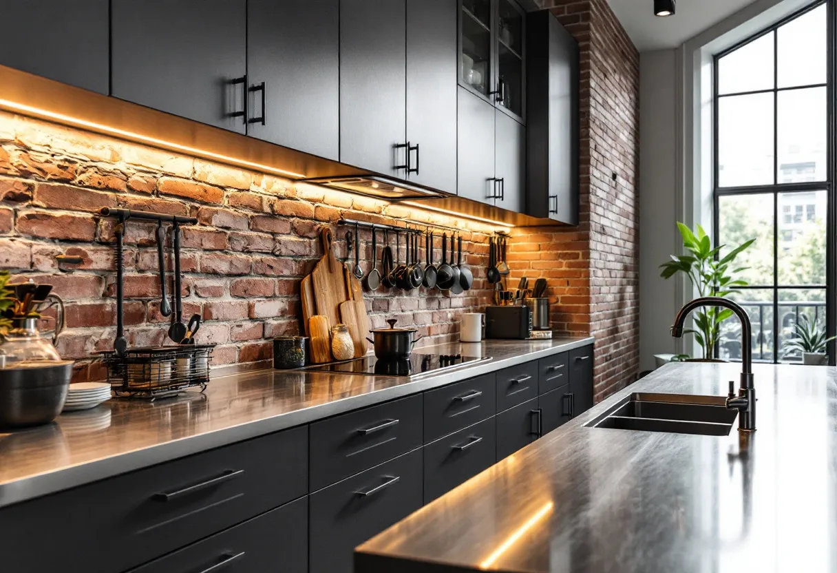 This simple kitchen features a modern design with sleek dark cabinetry and stainless steel countertops. The contrast between the dark cabinets and the light brick backsplash creates a stylish, industrial look. The cabinetry provides ample storage, with both upper and lower sections, and the handles add a touch of elegance with their minimalist design. The use of under-cabinet lighting highlights the textures of the brick wall and brightens the workspace, making it both functional and aesthetically pleasing.
The kitchen island, with its integrated sink, offers additional workspace and a gathering point for family and guests. Large windows allow natural light to flood the area, enhancing the sense of openness and connecting the indoors with the outdoors. Decorative elements like potted plants add a touch of greenery, bringing warmth and life to the space. Overall, the combination of natural textures, modern fixtures, and practical design elements make this kitchen both inviting and efficient.