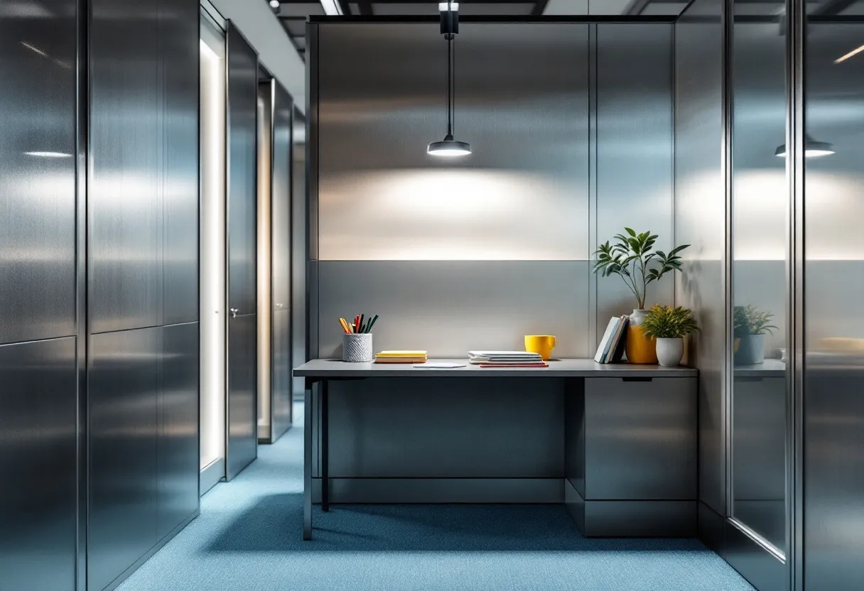 This simple office features a modern and minimalist design, characterized by clean lines and a sleek aesthetic. The room is anchored by a functional desk that holds colorful stationery, neatly stacked books, and a vibrant yellow mug, adding a pop of color to the otherwise neutral palette. A small plant arrangement provides a touch of nature, enhancing the calming atmosphere of the workspace. Overhead, a pendant light casts a warm glow, highlighting the workspace and contributing to an inviting ambiance.
The office walls and surfaces exhibit a metallic finish, reflecting light and giving the space a contemporary feel. The floor is carpeted in a soft blue, adding texture and comfort underfoot. Adjacent glass panels suggest an open-plan arrangement, allowing natural light to filter through. The overall setup of this office promotes a productive environment while maintaining a sense of tranquility with its thoughtful design elements.