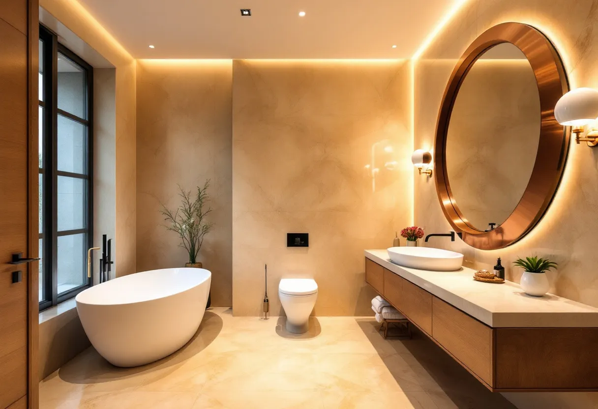 This Spanish bathroom showcases a luxurious and modern design with natural hues and soft lighting. The walls and floors are adorned with a warm, beige tone, creating a cohesive and soothing atmosphere. A large, oval bathtub positioned adjacent to a window becomes a focal point, inviting relaxation and comfort. The window allows natural light to pour in, enhancing the brightness and openness of the space. Complementing the bathtub, a sleek, dark faucet adds a touch of elegance and contrast against the lighter surroundings.
The bathroom also features a stylish vanity area with a floating wooden cabinet that adds warmth and texture. A round, illuminated mirror with a bronze frame enhances the sophisticated aesthetic, reflecting the soft overhead lighting. Two white and gold wall sconces flanking the mirror contribute to a cozy ambiance. Accents of greenery and decorative items on the vanity introduce an element of nature and provide a touch of color, completing the tranquil and inviting vibe of this Spanish-style retreat.