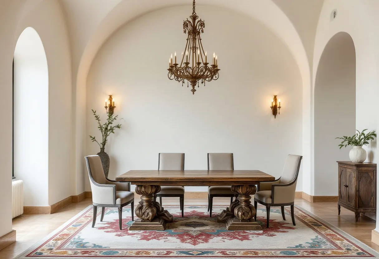 This Spanish dining room exudes elegance and sophistication, marked by its harmonious blend of traditional and modern elements. The space is anchored by a substantial wooden dining table, crafted with intricate detailing that showcases the artistry typical of Spanish design. Surrounding the table are six upholstered chairs, providing a comfortable and stylish seating arrangement. The room is further enhanced by the arched doorways, which contribute to the classic architectural aesthetic and allow natural light to soften the overall ambiance.
Prominent in the room is a grand chandelier, hanging centrally above the dining table. Its ornate design and the warm glow of its lights create a focal point that draws the eye. On either side of the room, wall sconces add additional layers of soft lighting, enhancing the intimate and inviting atmosphere. The decorative area rug underfoot introduces a pop of color with its intricate pattern, complementing the neutral tones of the walls and furniture. This mix of elements seamlessly combines to create a refined space perfect for both casual gatherings and formal dining occasions.