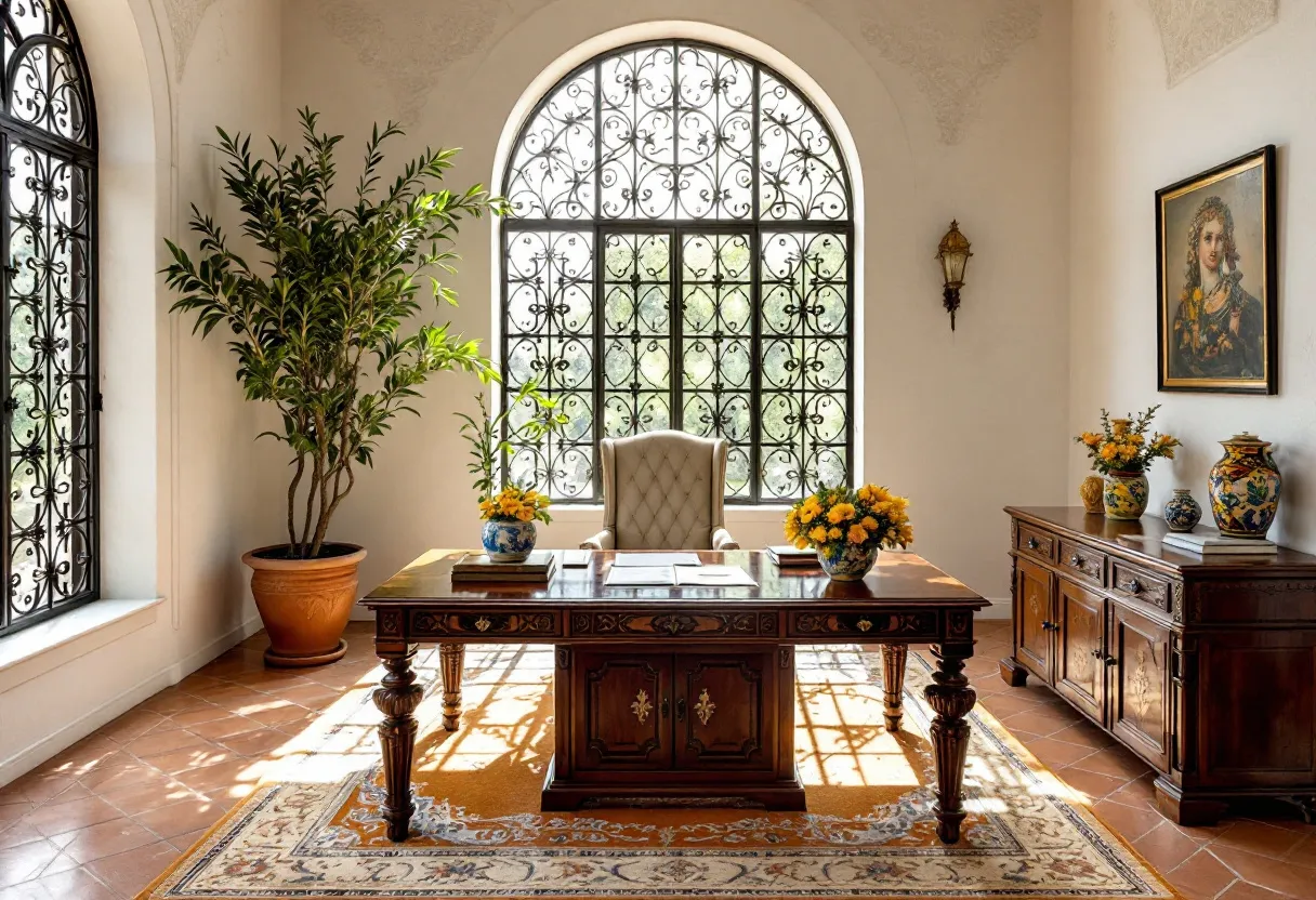 This Spanish office exudes elegance and warmth, characterized by its classic and traditional design elements. The room features large, arched windows adorned with intricate wrought iron detailing, allowing natural light to flood the space. The warm terracotta floor tiles complement the rich wooden furnishings, including a stately desk and a matching sideboard. The décor is cohesive, with a beautifully framed portrait and a pair of ornate wall sconces contributing to the sophisticated atmosphere.
The office is accentuated by tasteful decorative elements, including a large indoor plant and vibrant floral arrangements in ceramic vases, which bring life and color into the room. The ornate rug under the desk adds a touch of luxury while grounding the space. Overall, this Spanish office is an inviting and stylish environment, effortlessly blending classic design with a sense of natural warmth.