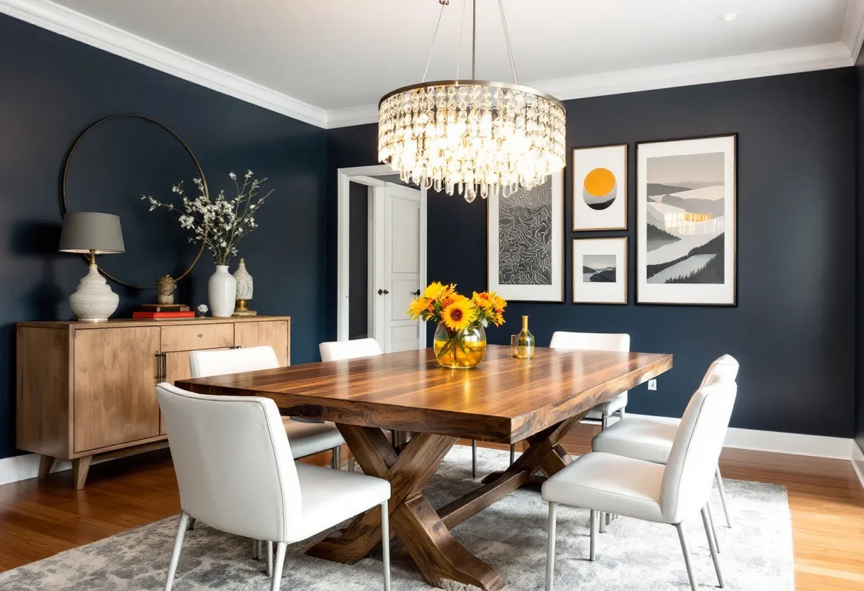 This transitional dining room beautifully merges traditional and modern elements to create a harmonious and inviting space. The rich, dark blue walls provide a dramatic backdrop that contrasts elegantly with the warm, natural wood tones of the dining table and sideboard. The table's substantial wooden surface, supported by a robust, cross-legged base, anchors the room with a sense of solidity and rustic charm. Meanwhile, the plush white chairs add a modern touch, their sleek lines offering both comfort and style.
Above the table, a stunning crystal chandelier serves as a focal point, casting a warm, ambient glow throughout the room. The artwork on the walls complements the color palette and adds a contemporary flair, featuring abstract landscapes and geometric designs. A large mirror above the sideboard enhances the room's depth and light, while decorative elements like the flower arrangement in the vase bring vibrancy and life. Overall, the space is well-balanced, blending textures and tones that make it both sophisticated and welcoming.