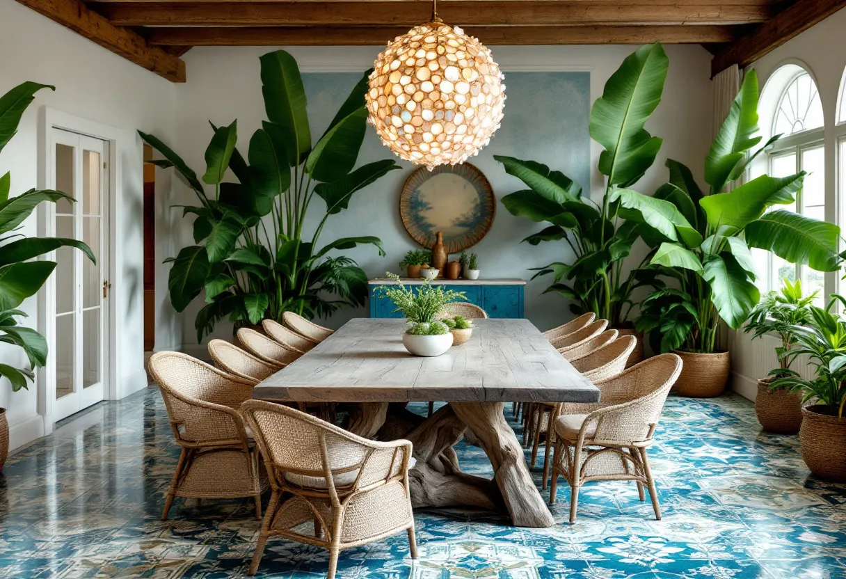 This tropical dining room exudes a vibrant and refreshing ambiance, characterized by lush greenery and natural materials. The space prominently features large potted plants strategically placed around the room, which contribute to its exotic atmosphere and provide a touch of nature. The dining area is centered around a sturdy wooden table with an intricate base design, enhancing the organic feel of the space. Surrounding the table are wicker chairs, adding to the natural aesthetic and ensuring comfort.
The flooring showcases a bold, blue patterned tile that complements the greenery and adds an element of artistry. Overhead, a striking pendant light made from capiz shells illuminates the room, casting a warm, inviting glow. The interplay of textures—from the tiles and wicker to the lush plants—creates a harmonious and visually stimulating environment that's perfect for both casual and formal dining experiences.