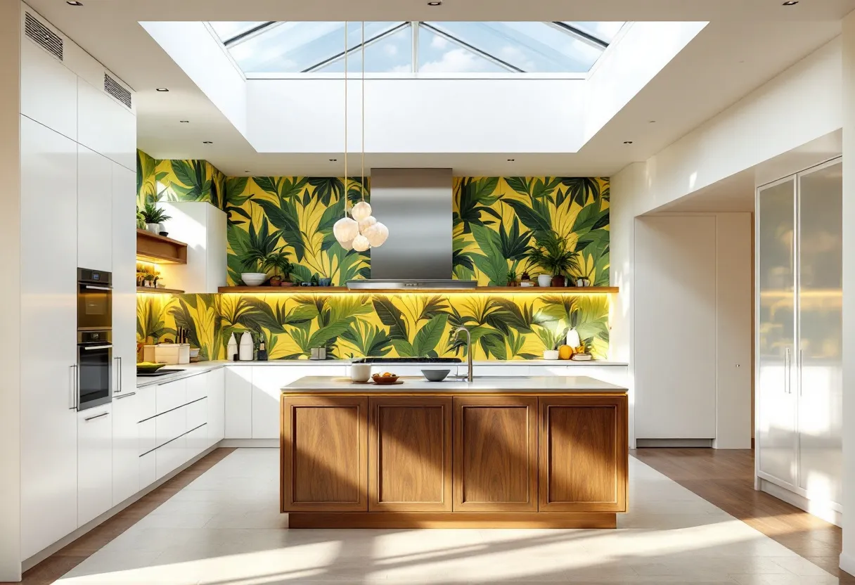 This tropical kitchen exudes a lively and refreshing ambiance with its vibrant wallpaper featuring lush green leaves against a yellow background. The design instantly brings the outdoors inside, creating a sense of harmony and tranquility. A central wooden island stands out as a focal point, offering both functionality and warmth. Above, a skylight floods the space with natural light, enhancing the bright and airy feel of the room.
The kitchen features sleek white cabinetry that provides a modern contrast to the tropical theme. Open shelves with under-cabinet lighting highlight decorative accents and plants, complementing the verdant motif. The combination of natural wood, bold patterns, and ample light creates an inviting space that is perfect for both cooking and entertaining.