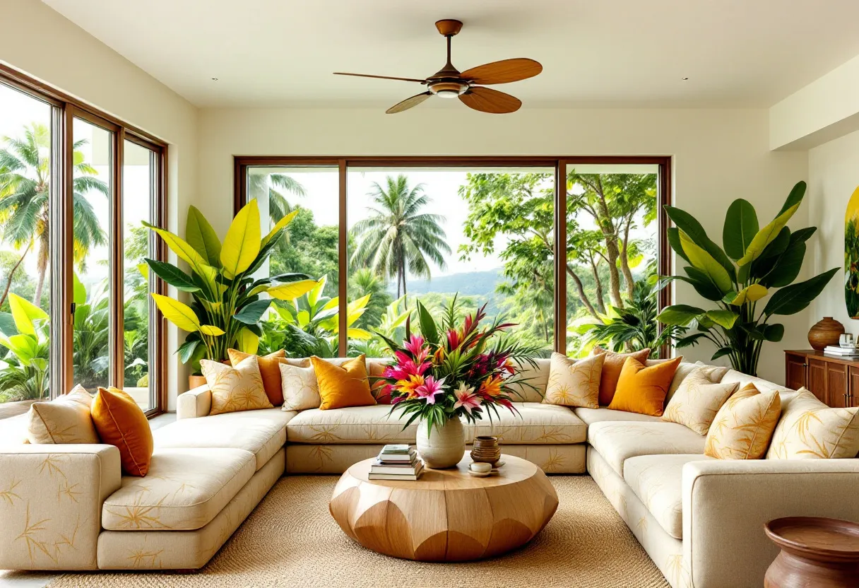 This tropical living room exudes a warm and inviting atmosphere, achieved through its harmonious blend of natural light and vibrant greenery. The space is surrounded by large windows, seamlessly connecting the indoors with the lush outdoor scenery of palm trees and dense foliage. These windows not only allow sunlight to flood the room but also create a continuous visual flow, enhancing the sense of spaciousness and openness in the area.
The interior features a large, comfortable sectional sofa adorned with soft, neutral-toned cushions highlighted by pops of orange and yellow throw pillows. These accents complement the lush green plants strategically placed throughout the room, adding to the tropical vibe. At the center, a stylish wooden coffee table holds an arrangement of vibrant tropical flowers, further enhancing the room's exotic flair. The overall design, with its use of natural materials and vibrant accents, provides a relaxing and inviting environment ideal for both casual lounging and entertaining.