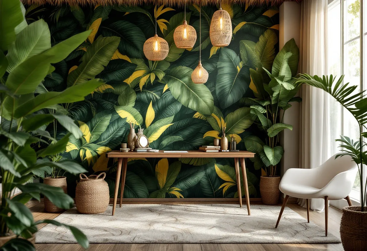 This tropical office captures a serene and inviting ambiance, drawing the essence of a lush rainforest into an indoor setting. The striking wallpaper behind the desk features a vibrant array of green and yellow leaves, creating a lively backdrop that immediately transports one to a tropical paradise. The natural lighting filtering through the semi-transparent white curtains enhances the space, casting a warm glow that complements the greenery. Overhead, woven pendant lights hang, adding an organic texture that contributes to the room's relaxed and earthy vibe. 
The furnishings bring together style and simplicity, with a smooth wooden desk adorned with minimalistic decor, including a few books and artistic pieces. A modern white chair with wooden legs is strategically placed to provide comfort while maintaining the room's clean lines. Potted plants strategically positioned around the office enhance the tropical theme, infusing the space with life and freshness. A soft, neutral-toned rug covers the wooden floor, balancing the room's vibrant elements. Overall, this tropical office achieves a harmonious blend of natural aesthetics and modern functionality.