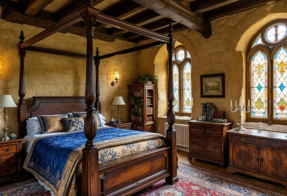 This Tudor bedroom exudes a rich historical ambiance, characterized by elegant, dark wooden furniture and elaborate architectural details. The centerpiece is a grand four-poster bed, adorned with sumptuous blue and gold bedding, which hints at both comfort and opulence. The intricately carved bedposts and headboard reflect the craftsmanship typical of the Tudor period. The ceiling features exposed dark wooden beams, adding a rustic charm and authenticity to the room’s design. 
The room is illuminated by the warm glow of candle-style wall sconces, enhancing its cozy and inviting atmosphere. Beautiful stained-glass windows allow natural light to stream in, casting colorful patterns across the room. A collection of books is neatly arranged on a wooden shelf, and rich rugs in muted tones cover the hardwood floor. The overall design combines elements of luxury and tradition, making this Tudor bedroom a perfect blend of comfort and historical elegance.