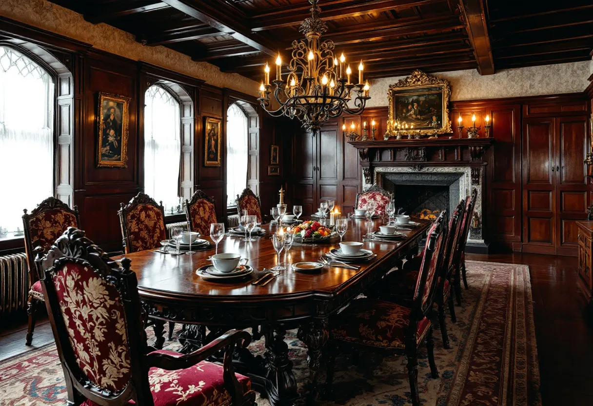 This Tudor dining room exudes a rich and historic ambiance, characterized by its dark wood paneling that envelops the room, creating a warm and intimate atmosphere. The high, coffered ceiling adds a sense of grandeur and elegance, complemented by the large, ornate chandelier that hangs prominently above the elongated dining table. This fixture not only illuminates the space with a soft glow but also serves as a central decorative element, enhancing the room's opulent feel.
Intricately carved chairs, upholstered with luxurious patterned fabric, line the table, inviting guests to partake in a sumptuous dining experience. The table setting is meticulously arranged with fine china, gleaming cutlery, and sparkling glassware, signaling a readiness for an elegant meal. The large, multi-paneled windows allow natural light to filter through, highlighting the detailed woodwork and the artful decorations, including framed portraits and a majestic overmantel painting above the intricately carved fireplace, which further emphasizes the room's historical charm and opulence.