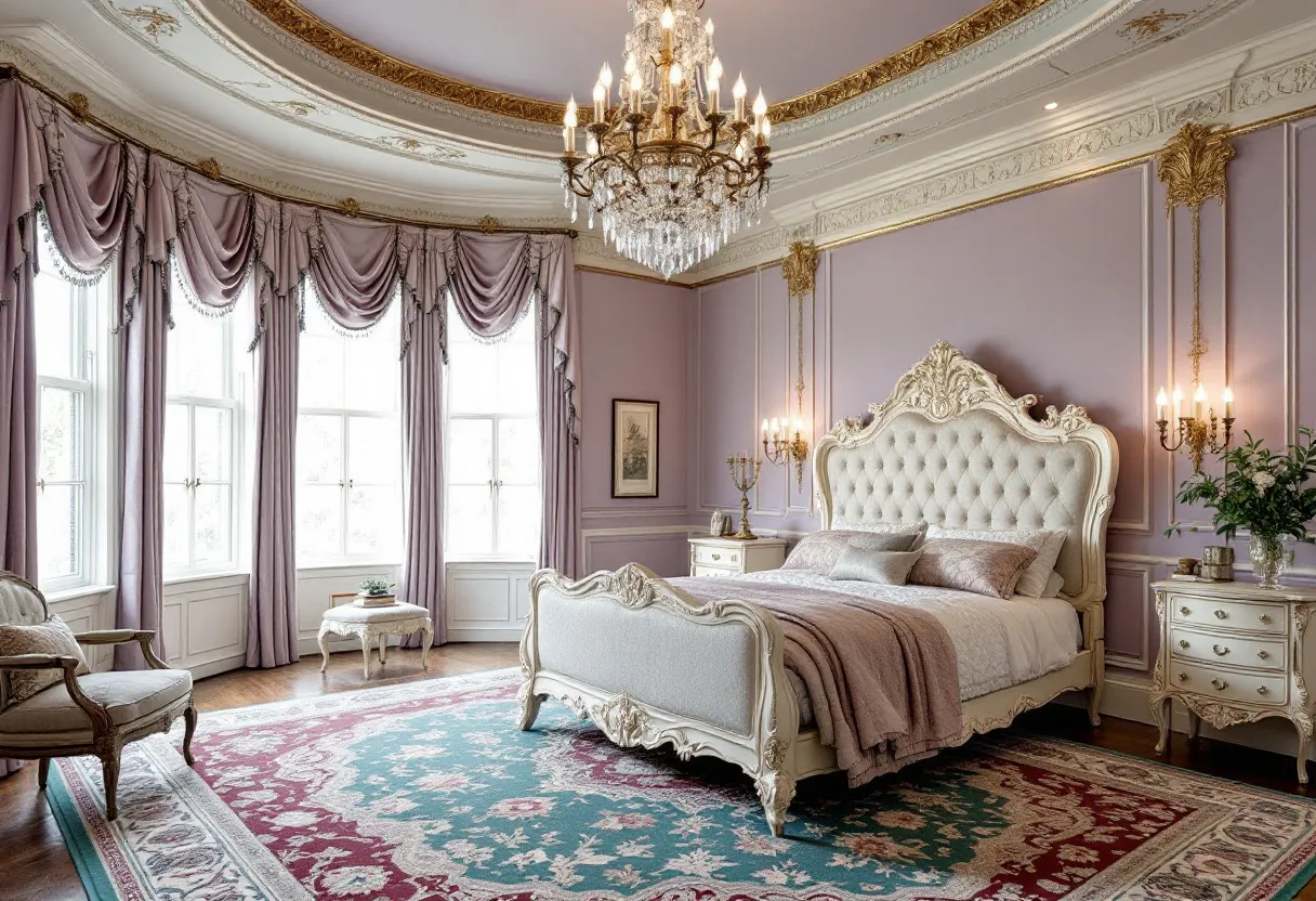 This Victorian bedroom exudes elegance and sophistication, featuring a harmonious palette of lavender and cream tones. The centerpiece is a lavish, tufted bed with an intricately carved headboard that commands attention. Beside it, matching nightstands adorned with ornate candlestick lamps enhance the room's opulent atmosphere. A large, resplendent chandelier hangs from the ceiling, casting a warm glow that highlights the room's exquisite details. The walls are adorned with decorative molding, adding to the room's classic Victorian charm.
The room's grandeur is further emphasized by gracefully draped floor-to-ceiling curtains, framing the tall windows and allowing soft, natural light to filter through. Beneath the bed lies an elegant area rug with a floral motif, complementing the room's color scheme. A cozy armchair sits in a corner, inviting relaxation and quiet reflection. The overall ambiance is one of timeless luxury, blending comfort with refined style.