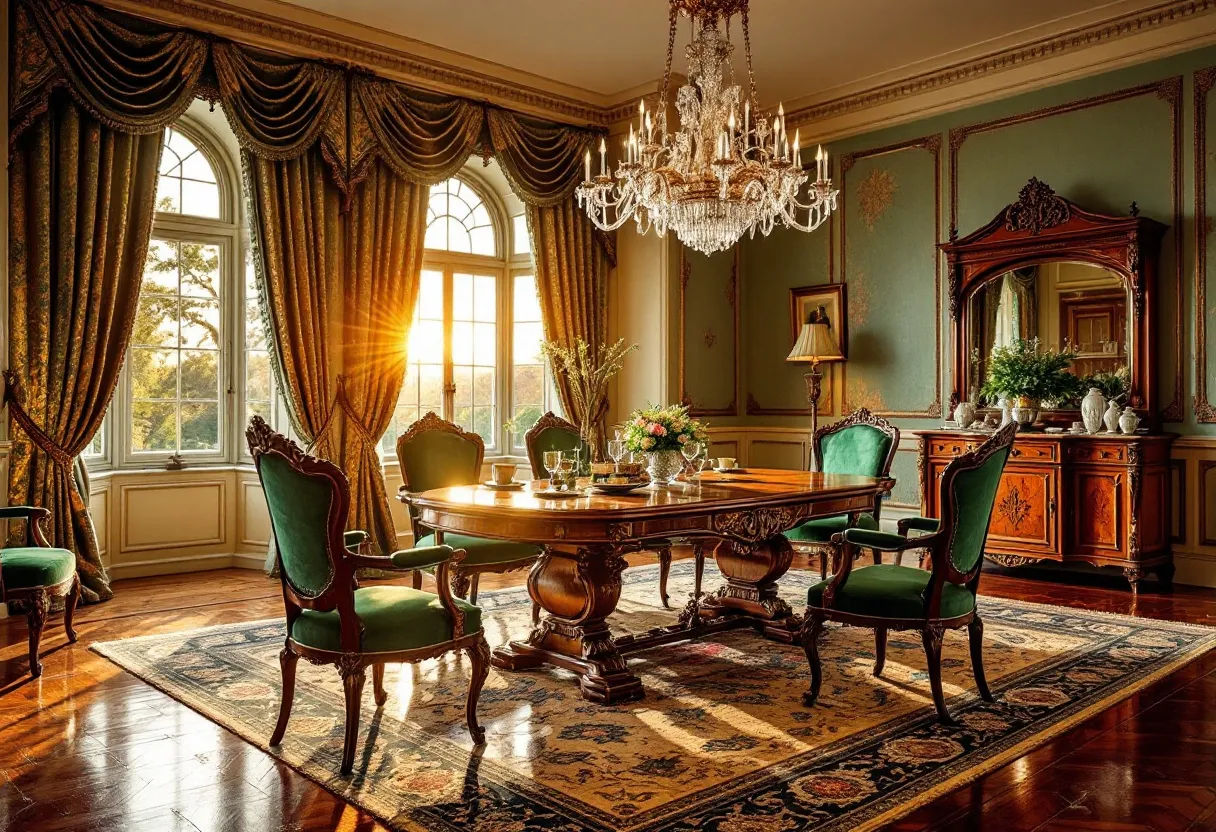This Victorian dining room exudes elegance and grandeur with its richly detailed decor and classical furnishings. A large, ornately carved wooden dining table stands as the centerpiece, surrounded by plush, green upholstered chairs that add a touch of regal sophistication. The room is bathed in the warm glow of sunlight filtering through tall, arched windows, adorned with luxurious drapes that complement the color palette of the room. The intricate patterns of the area rug beneath the table subtly echo the room's classic design, grounding the space with a sense of warmth and texture.
The opulent chandelier hanging from the ceiling contributes to the room's luxurious ambiance, casting a soft light that enhances the richness of the room's features. Against the backdrop of elegantly paneled walls, a substantial wooden sideboard features detailed carvings and mirrors that reflect light and add depth to the space. The presence of decorative elements, such as fine china and greenery, subtly enhances the room's refined aesthetic without overwhelming the overall design. Altogether, this Victorian dining room captures the timeless beauty and attention to detail typical of the period, creating an inviting space for dining and social gatherings.