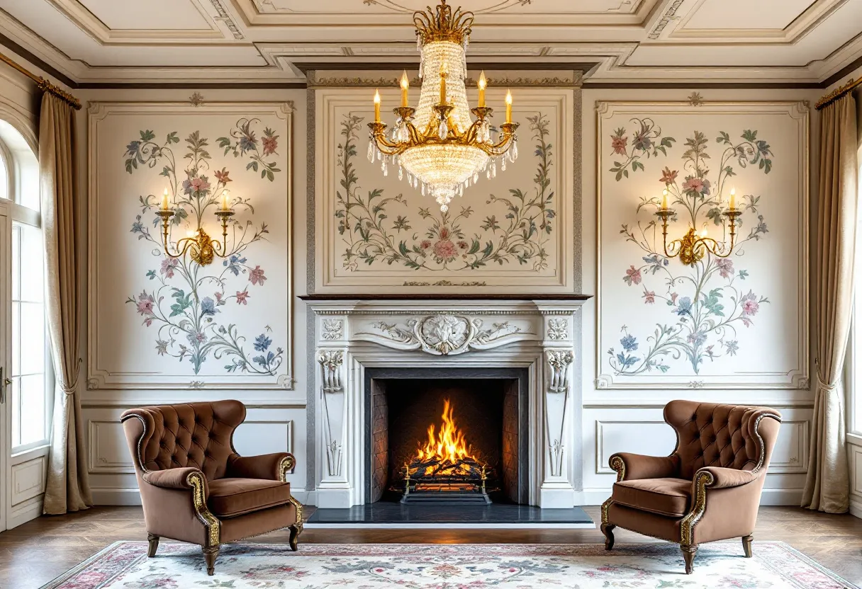 This Victorian living room exudes elegance and sophistication, characteristic of its era. The centerpiece of the room is a grand, intricately carved fireplace set against a wall adorned with floral wallpaper designs in soft, pastel colors. The floral motifs add a delicate touch to the room, highlighting the natural inspiration often embraced during the Victorian period. Above the fireplace hangs a sparkling crystal chandelier, casting a warm glow that enhances the room’s inviting ambiance. The ceiling features ornate moldings that perfectly complement the room's classic style.
Two beautifully upholstered armchairs are positioned symmetrically on either side of the fireplace, offering comfort with their plush cushioning and rich, brown leather upholstery. The armchairs’ design, with rolled arms and carved wooden legs, reflects the attention to detail typical of Victorian furniture. The floor is covered with an elegant floral area rug that harmonizes with the room's overall palette, providing warmth and texture. Tall, floor-length drapes frame the windows, allowing plenty of natural light to filter in while maintaining a sense of privacy and luxury.