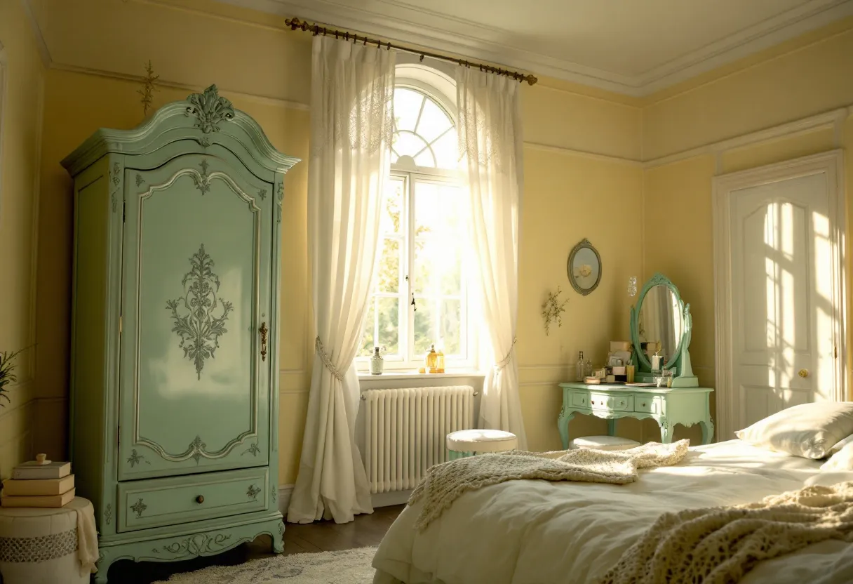 This vintage bedroom exudes a charming elegance, highlighted by soft, pastel colors and classic furnishings. The pale yellow walls create a warm and welcoming atmosphere, perfectly complementing the ornate details of the furniture. A prominent feature is the ornate wardrobe, painted in a tranquil mint green with intricate floral designs that add a touch of romance and nostalgia. The wardrobe stands tall and elegant, drawing the eye with its rich detailing and craftsmanship, which is characteristic of vintage decor.
The room is further enhanced by the beautiful vanity, which mirrors the wardrobe's mint green hue and ornate carvings. An arched window allows natural light to flood the space, highlighting the delicate lace curtains framing it. The bed, draped in soft white linens and a textured cream throw, adds to the room's cozy feel. Accessories such as the framed artwork, small vases, and books contribute subtle, personalized touches that make this bedroom a serene retreat.
