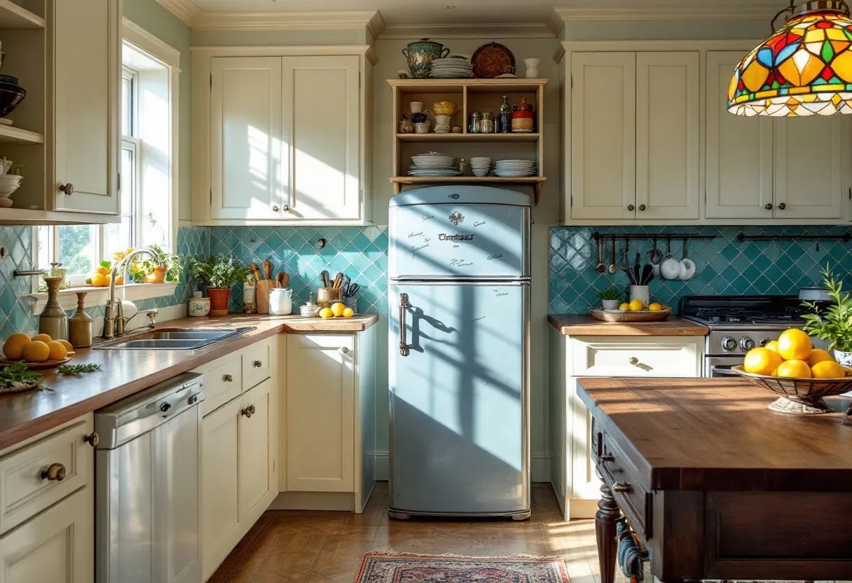 This vintage kitchen exudes a warm and charming atmosphere, characterized by its harmonious blend of classic elements and pastel hues. The focal point of the space is a retro-style refrigerator, which stands prominently against a backdrop of sea-green, diamond-patterned tiles. The soft cream-colored cabinetry complements the muted tones of the walls, contributing to the kitchen’s cozy and inviting feel. Natural light floods the room through a large window, highlighting the wooden countertops and casting gentle shadows that enhance the kitchen's quaint aesthetic.
Adding to the kitchen’s inviting ambiance is a variety of thoughtfully placed decor and functional items. A stained glass pendant lamp with vibrant hues hangs above a sturdy wooden island, adding a splash of color and elegance to the space. Carefully arranged plants and bowls of fresh lemons introduce lively pops of green and yellow, creating a fresh and lively atmosphere. Vintage kitchenware, including jars and crockery, are neatly displayed on open shelves, emphasizing the kitchen's nostalgic charm while maintaining a sense of practicality and homeliness.